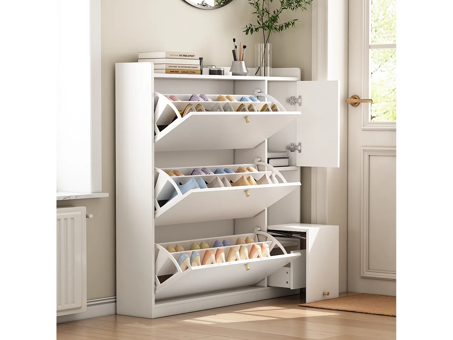 Meuble à chaussures avec 4 portes et 1 banc rabattable - 119 x 24 x 122 cm - Panneau de particules - Blanc