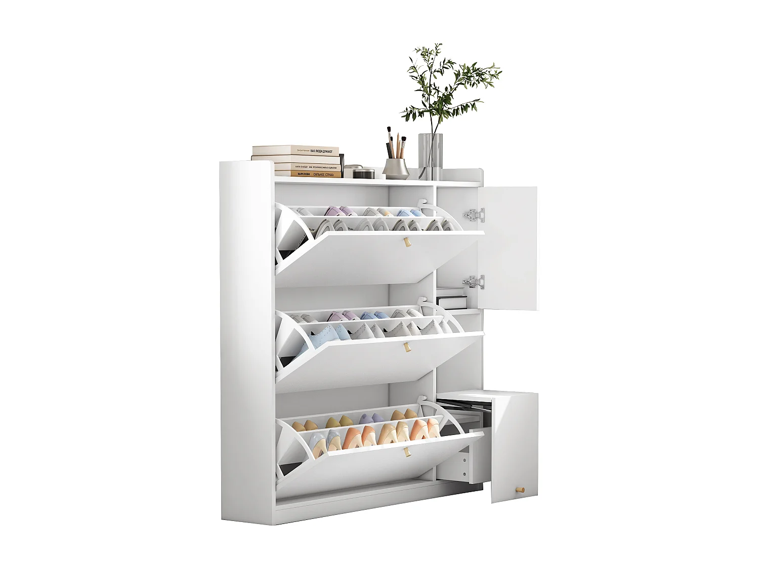 Meuble à chaussures avec 4 portes et 1 banc rabattable - 119 x 24 x 122 cm - Panneau de particules - Blanc