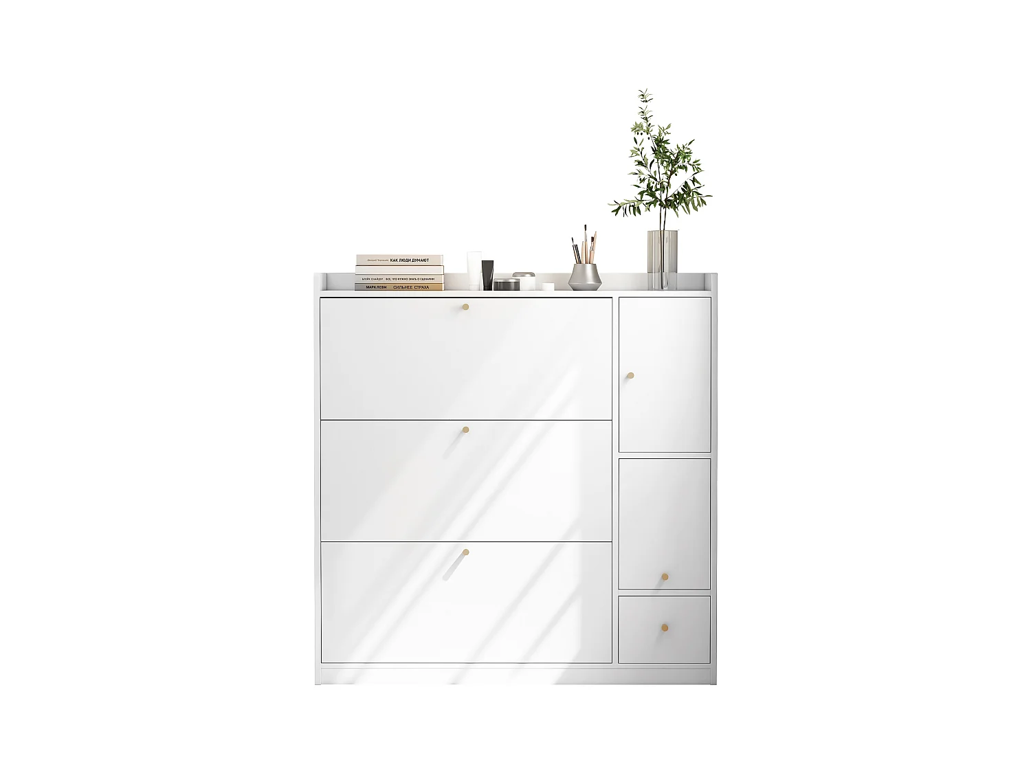 Meuble à chaussures avec 4 portes et 1 banc rabattable - 119 x 24 x 122 cm - Panneau de particules - Blanc