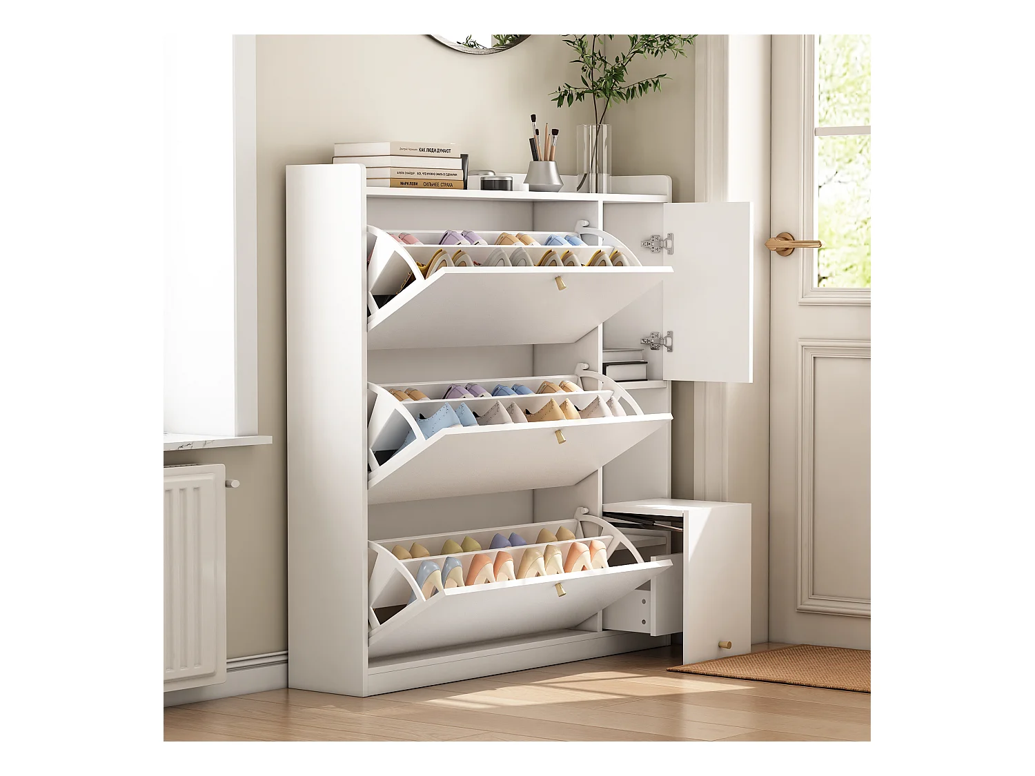 Meuble à chaussures avec 4 portes et 1 banc rabattable - 119 x 24 x 122 cm - Panneau de particules - Blanc