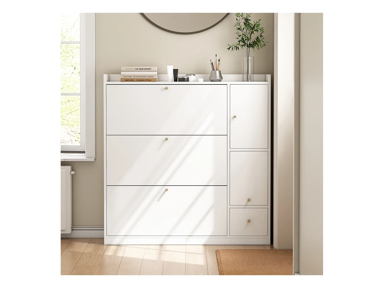 Meuble à chaussures avec 4 portes et 1 banc rabattable - 119 x 24 x 122 cm - Panneau de particules - Blanc
