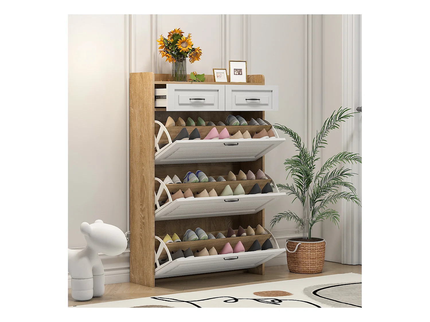Szafka na buty z 3 drzwiami i 2 szufladami - 80 x 23,5 x 125 cm - Płyta wiórowa - Naturalna + biała