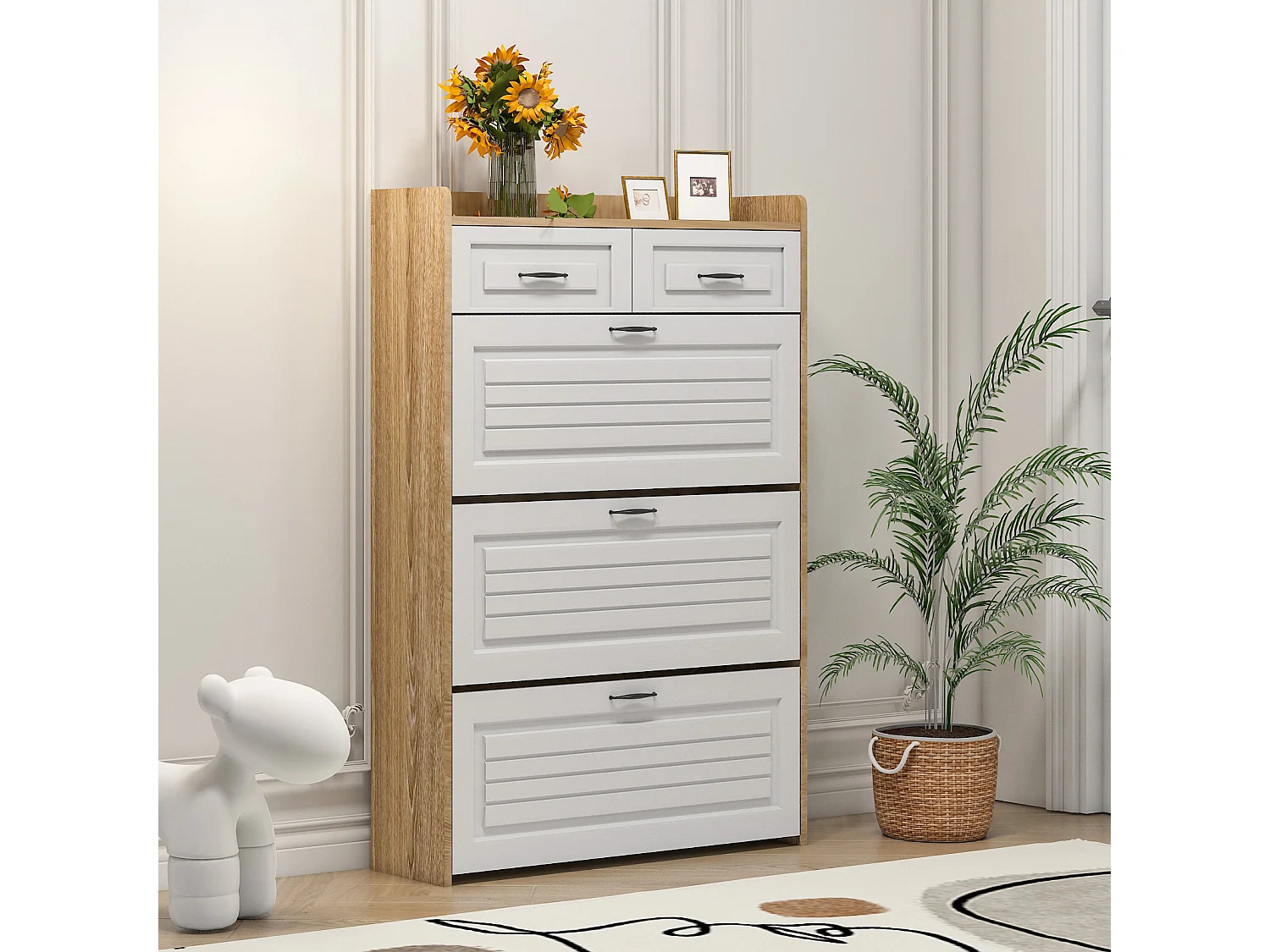 Meuble à chaussures avec 3 portes et 2 tiroirs - 80 x 23.5 x 125 cm - Panneau de particules - Naturel + blanc