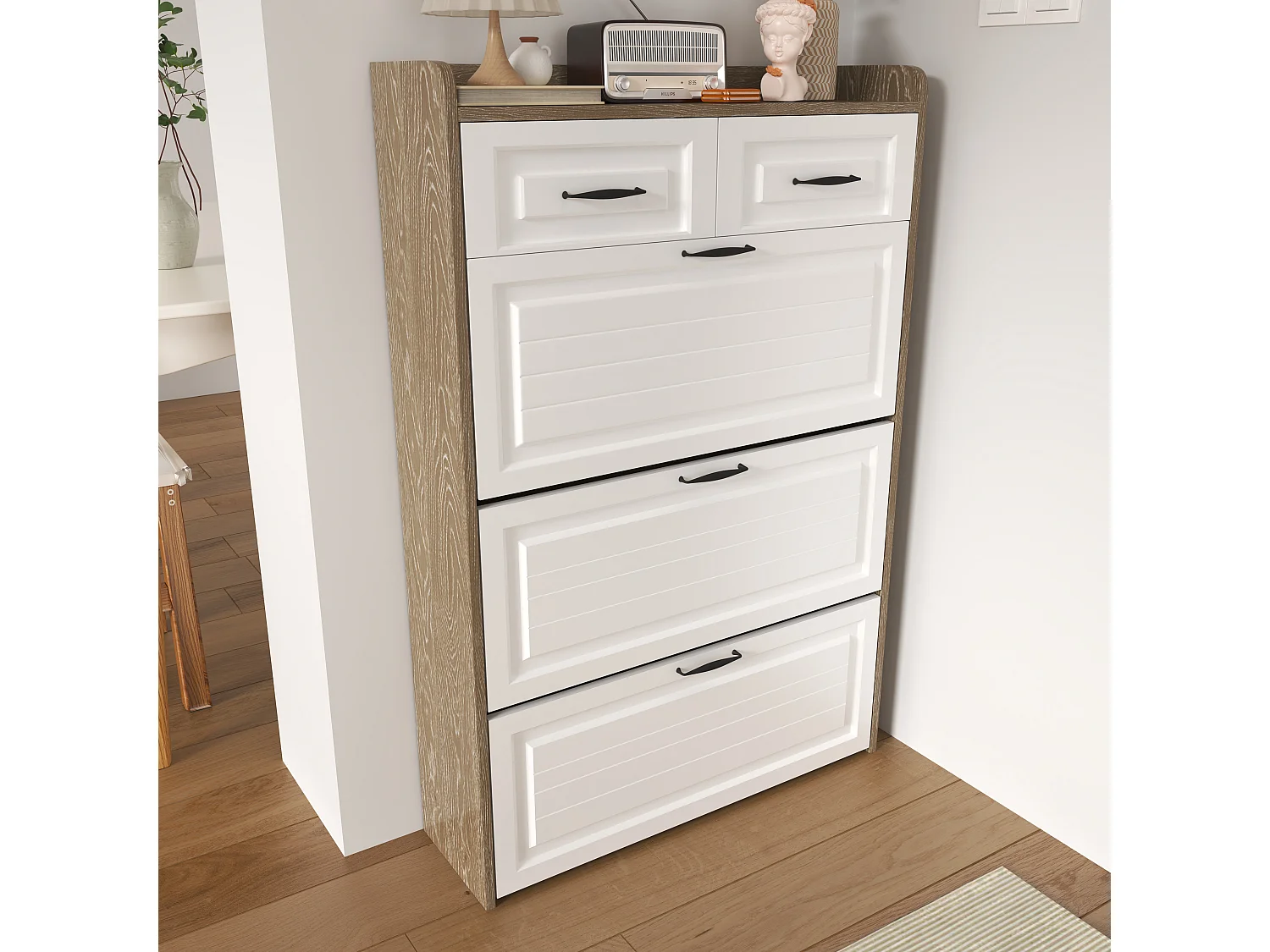 Meuble à chaussures avec 3 portes et 2 tiroirs - 80 x 23.5 x 125 cm - Panneau de particules - Naturel + blanc