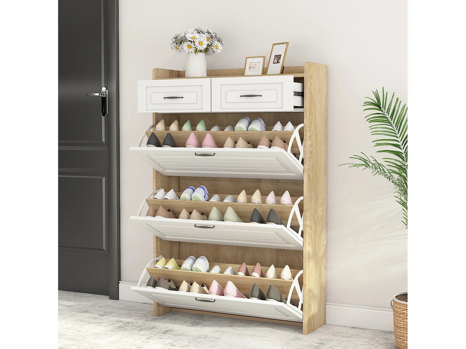 Schuhschrank mit 3 Türen und 2 Schubladen - 80 x 23,5 x 125 cm - Spanplatte - Natur + Weiß