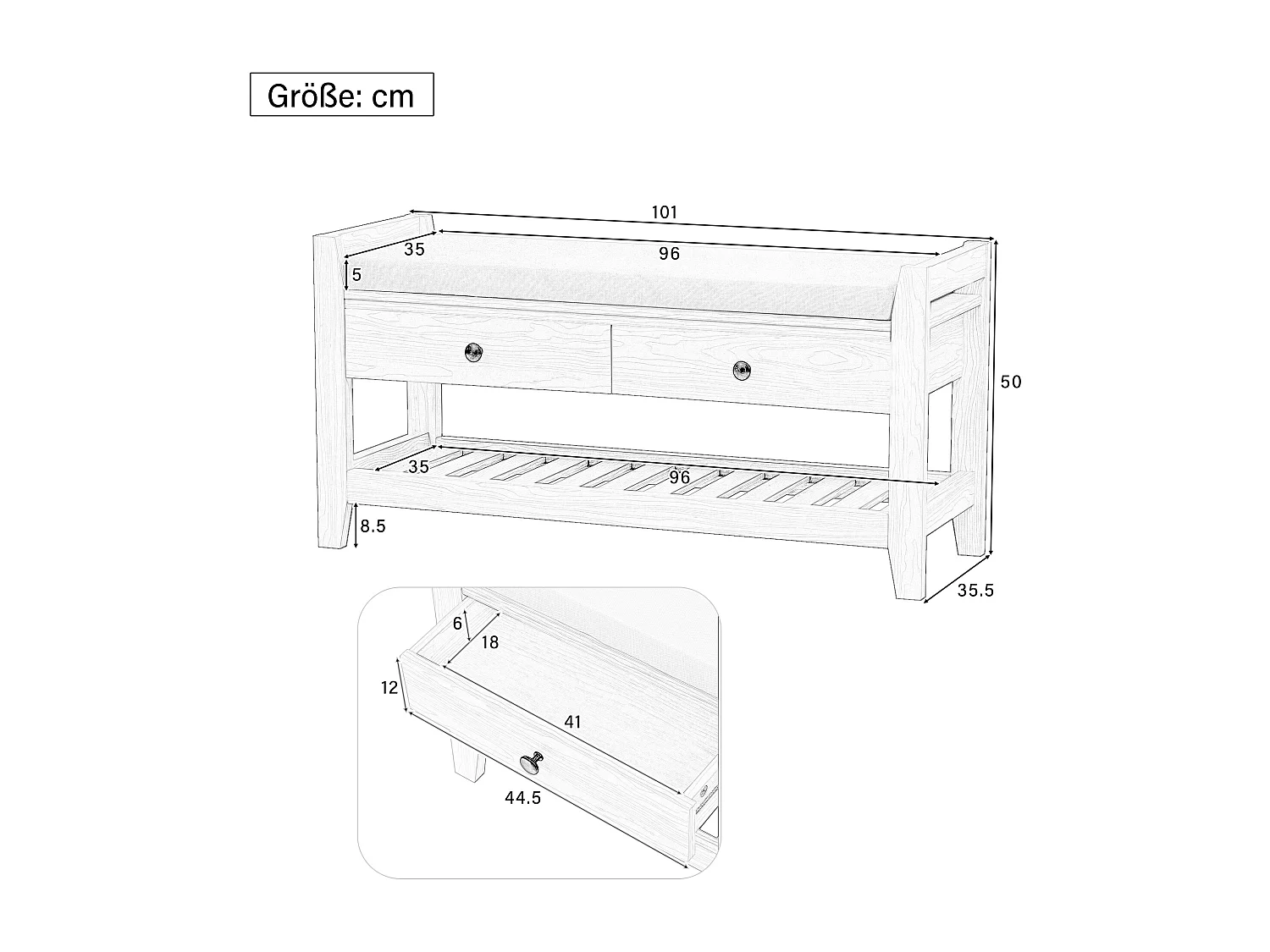 Banc à chaussures moderne avec siège et 2 tiroirs - 101 x 35 x 50 - Bois MDF - Naturel