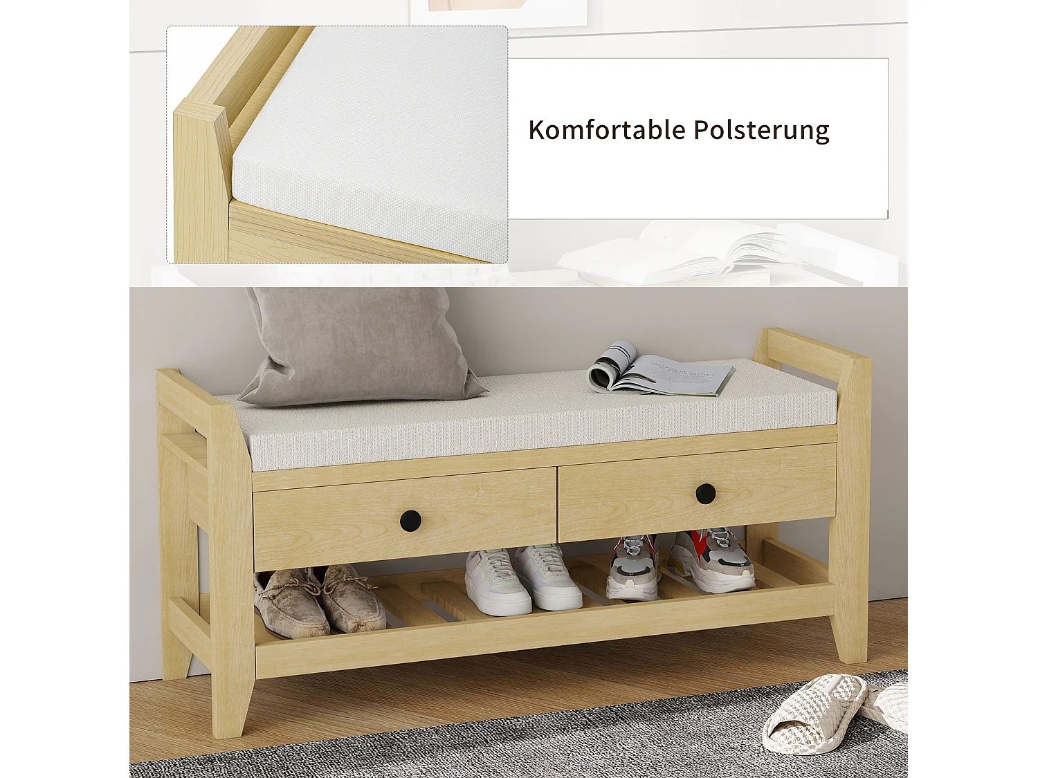 Banc à chaussures moderne avec siège et 2 tiroirs - 101 x 35 x 50 - Bois MDF - Naturel