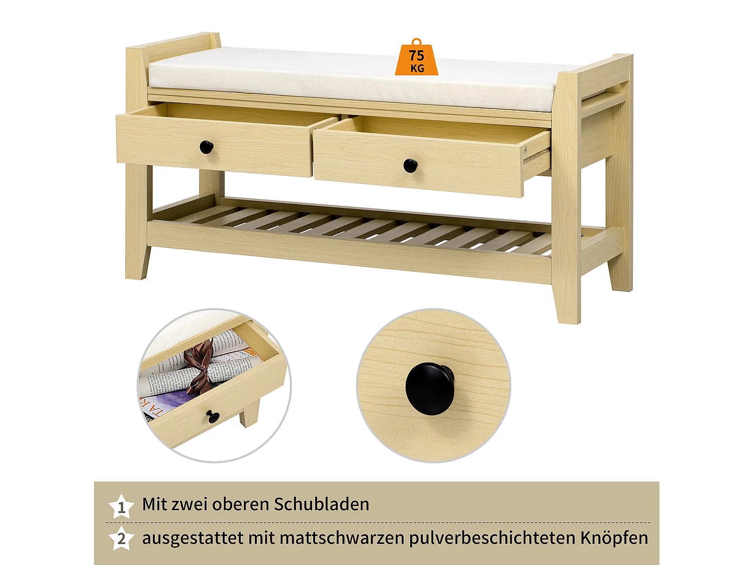 Banc à chaussures moderne avec siège et 2 tiroirs - 101 x 35 x 50 - Bois MDF - Naturel