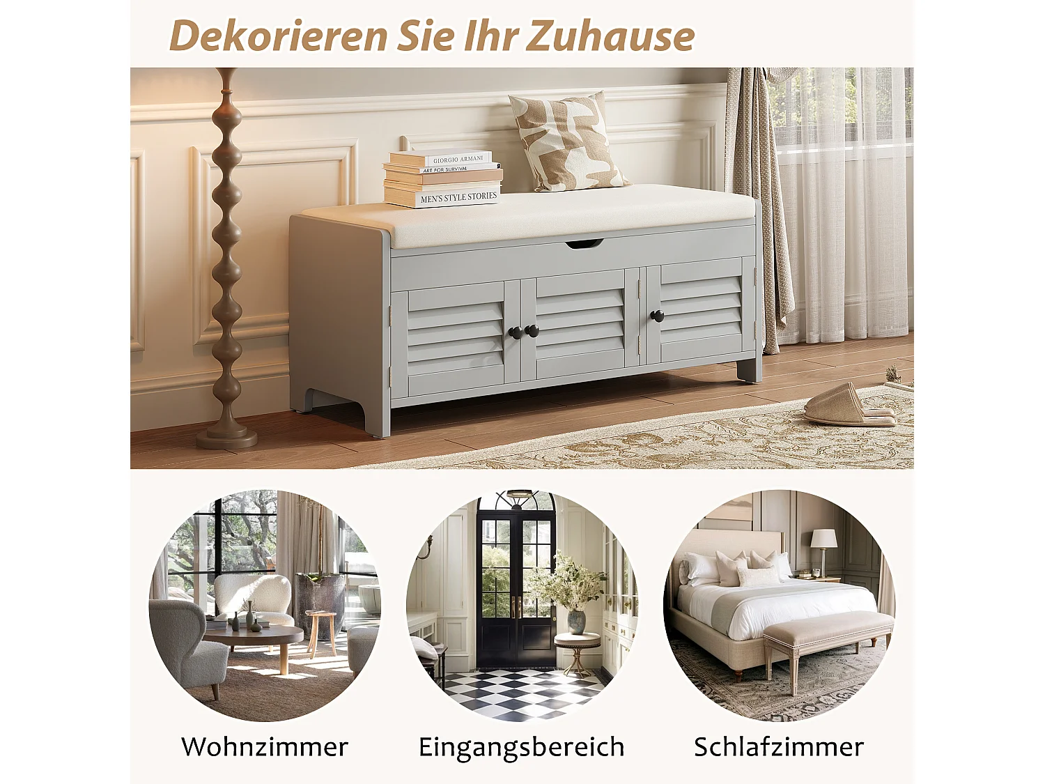 Nowoczesna ławka na buty z siedziskiem i 3 drzwiami - 110 x 40 x 50 cm - drewno MDF - Szara