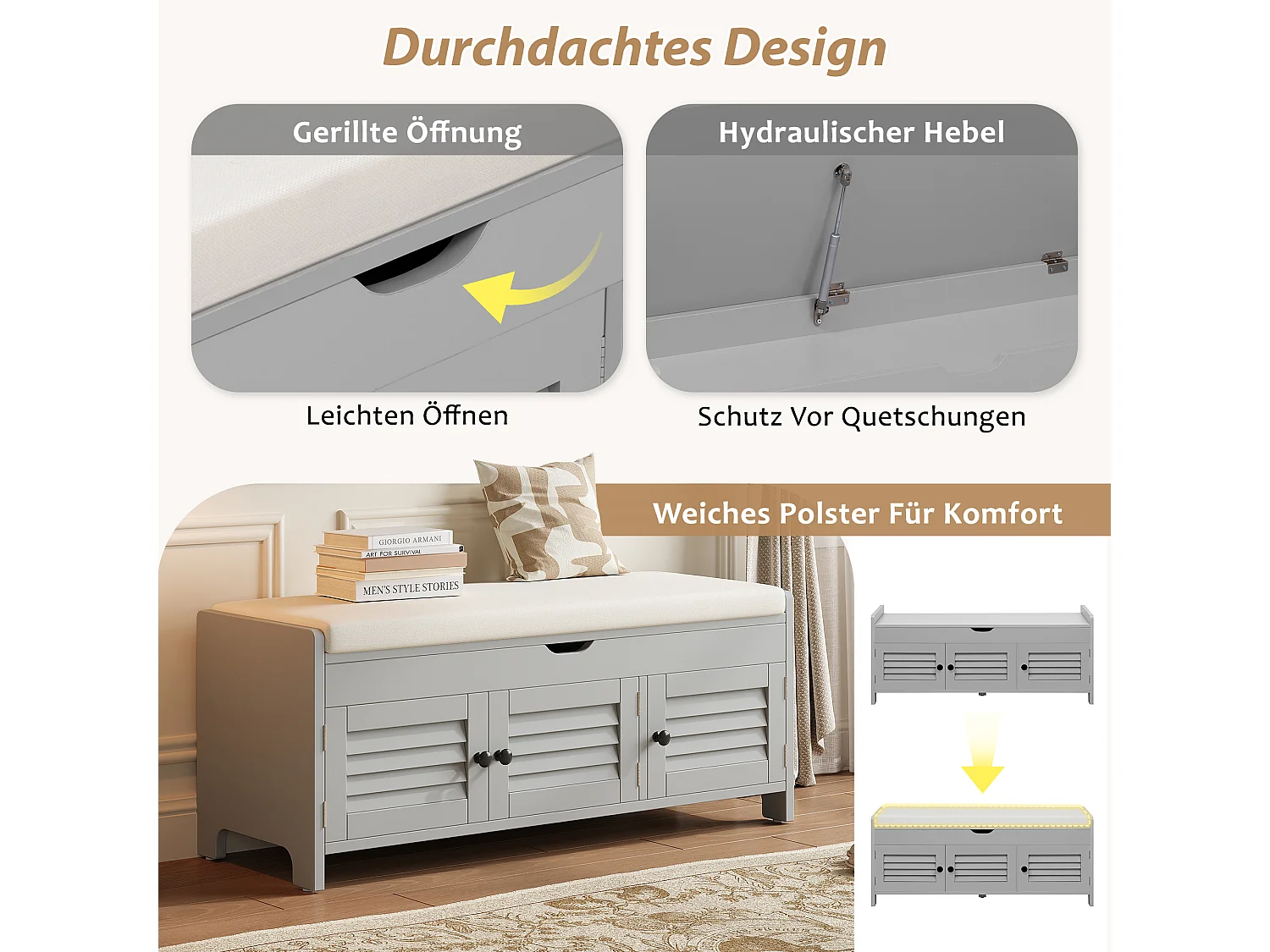 Moderne schoenenbank met zitting en 3 deuren - 110 x 40 x 50 cm - MDF hout - Grijs
