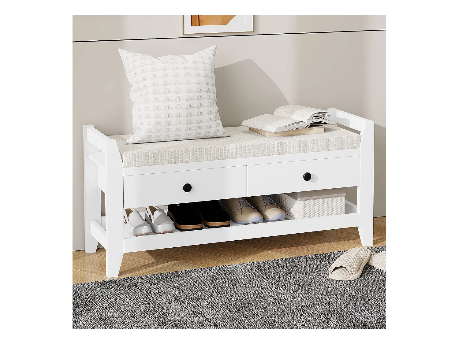 Moderne Schuhbank mit Sitz und 2 Schubladen - 101 x 35 x 50 - MDF-Holz - Weiß