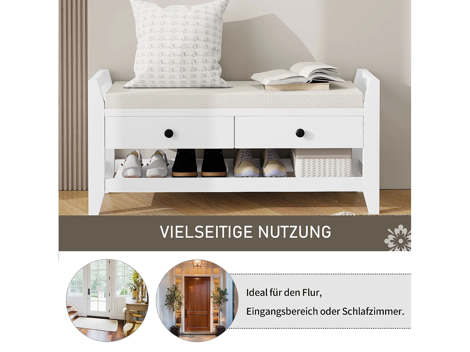 Moderne schoenenbank met zitting en 2 lades - 101 x 35 x 50 - MDF hout - Wit