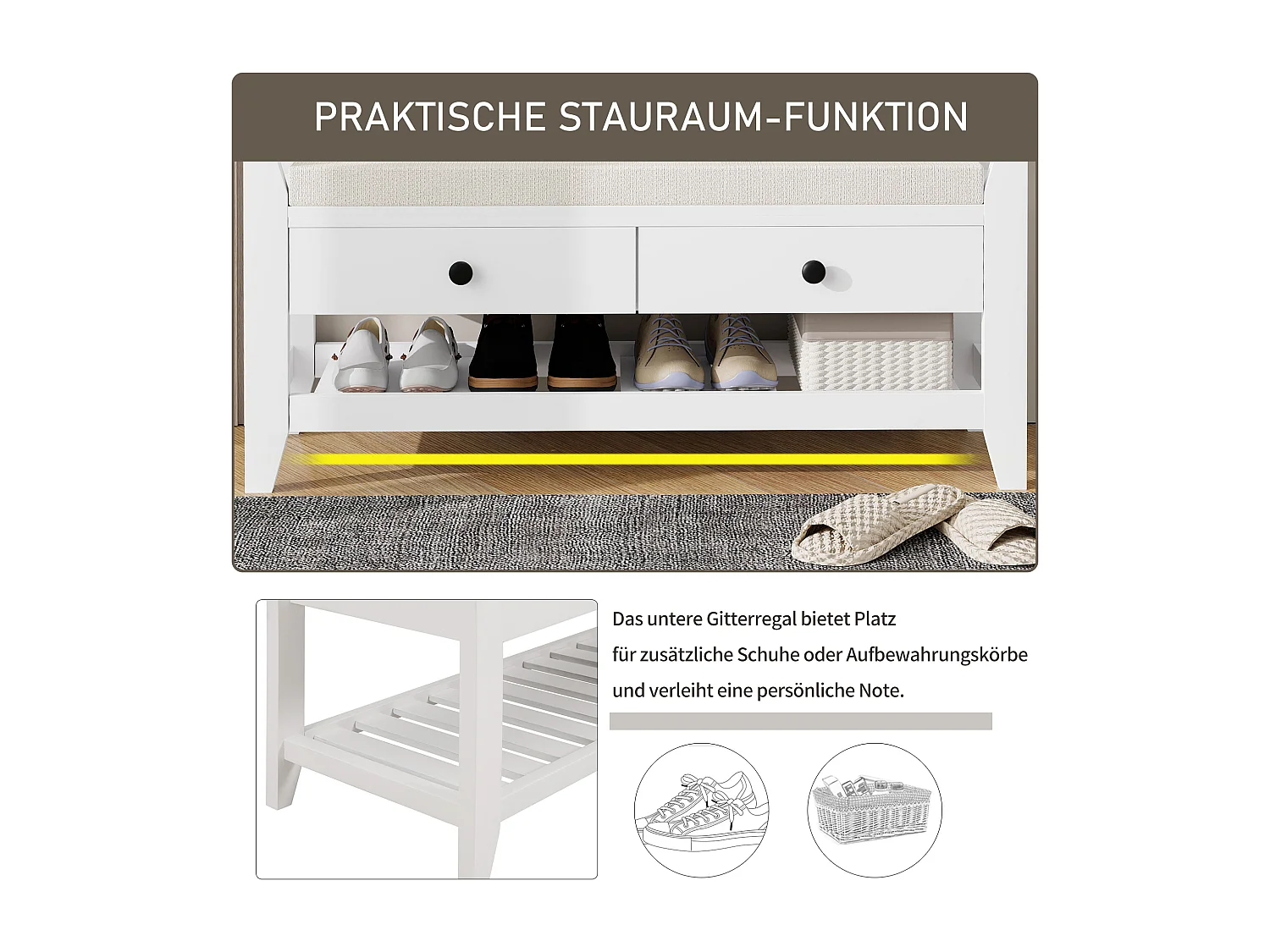 Moderne schoenenbank met zitting en 2 lades - 101 x 35 x 50 - MDF hout - Wit