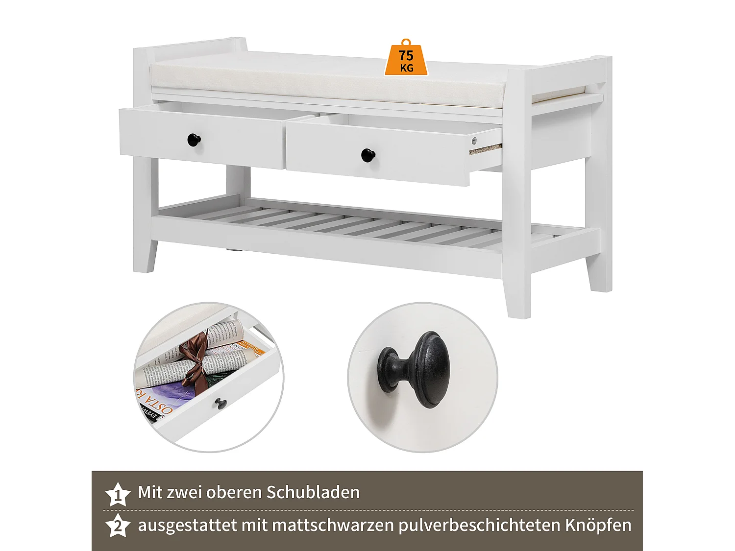 Moderne schoenenbank met zitting en 2 lades - 101 x 35 x 50 - MDF hout - Wit