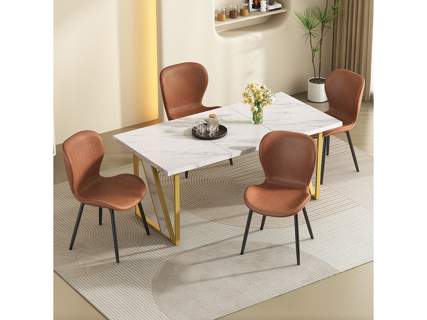 Ensemble Table et 4 Chaises 1 Banc - 6 places - cadre en acier - style industriel - Marron