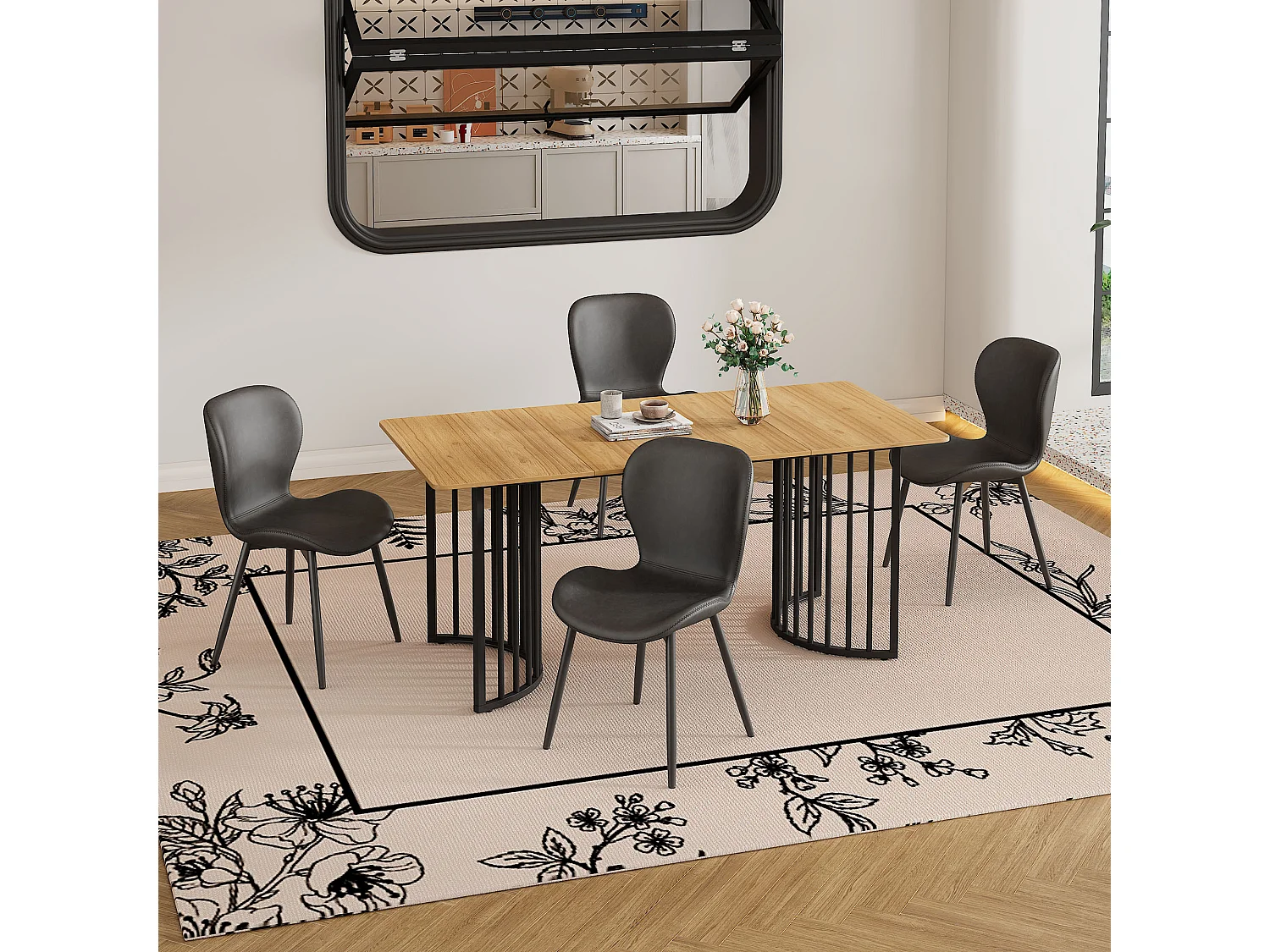 Ensemble table à manger avec 4 chaises en cuir PU - 140 x 80 x 75 cm - MDF et pièds en métal - Naturel + gris