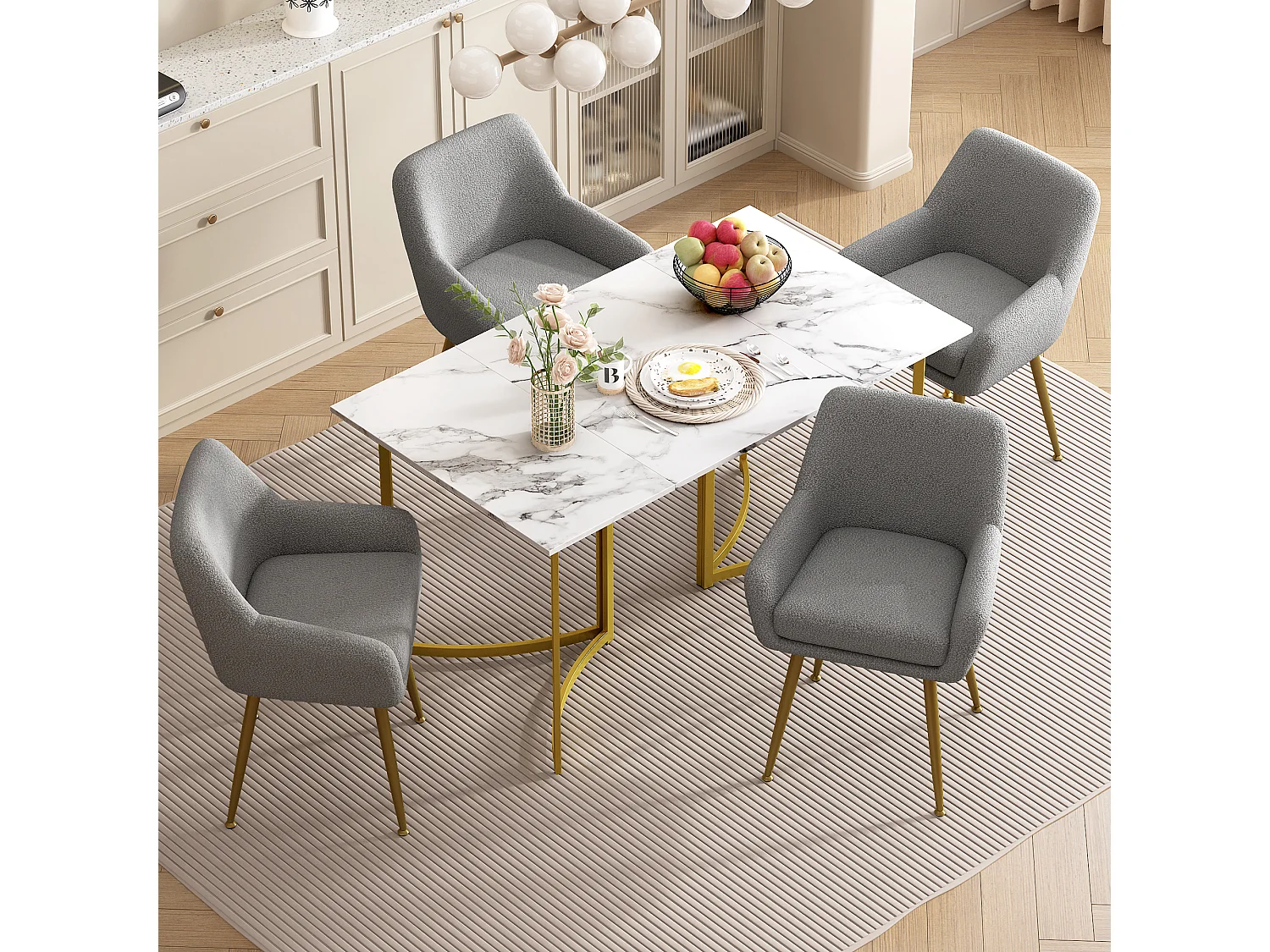 Conjunto de mesa de comedor con 4 sillas de felpa - 140 x 80 x 75,5 cm - Aspecto mármol - Patas de MDF y metal dorado - Gris + dorado