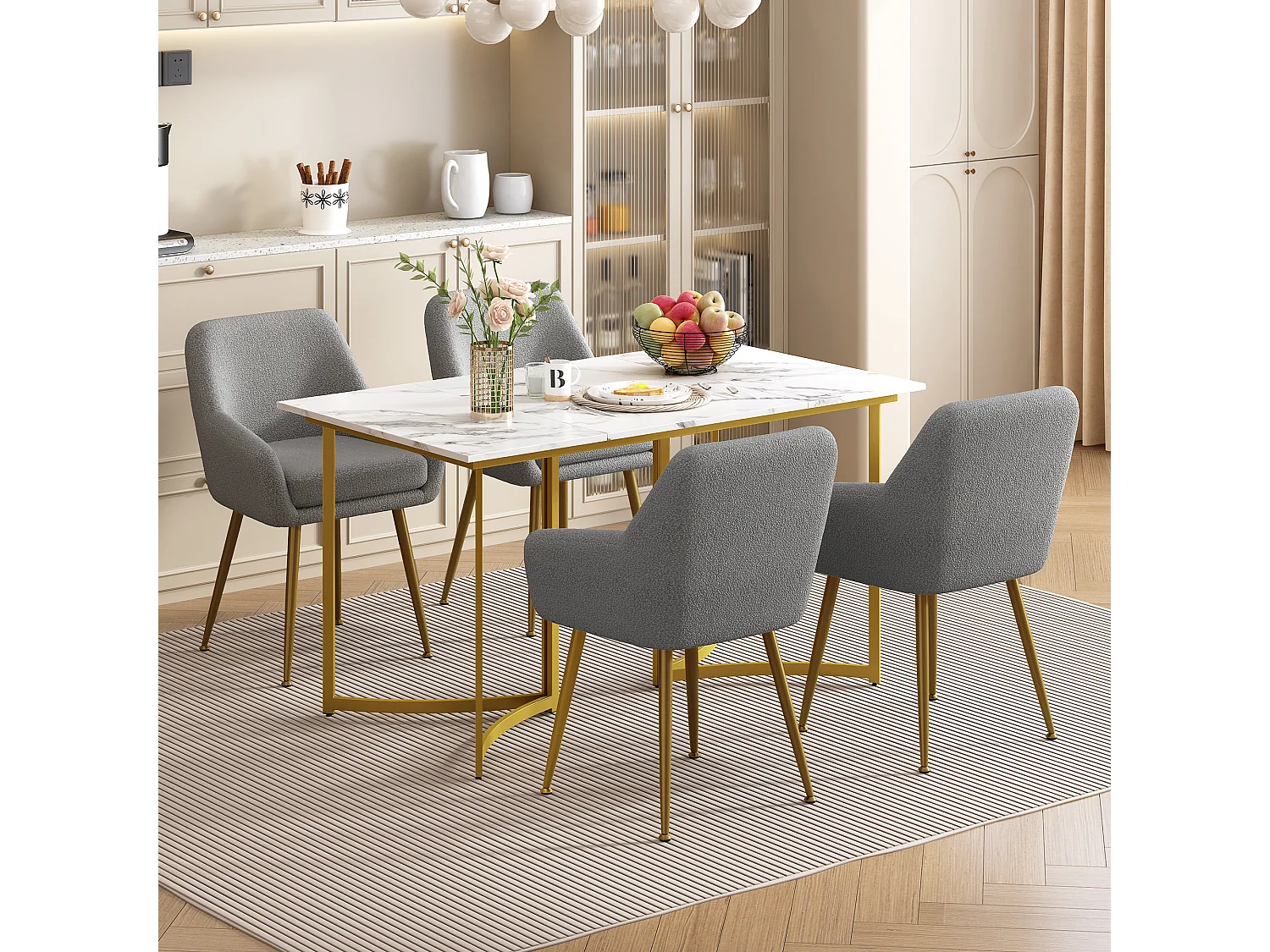 Conjunto de mesa de comedor con 4 sillas de felpa - 140 x 80 x 75,5 cm - Aspecto mármol - Patas de MDF y metal dorado - Gris + dorado