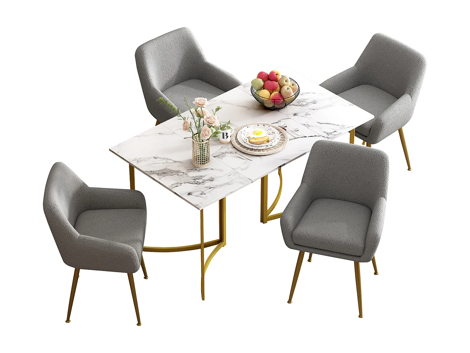 Conjunto de mesa de comedor con 4 sillas de felpa - 140 x 80 x 75,5 cm - Aspecto mármol - Patas de MDF y metal dorado - Gris + dorado