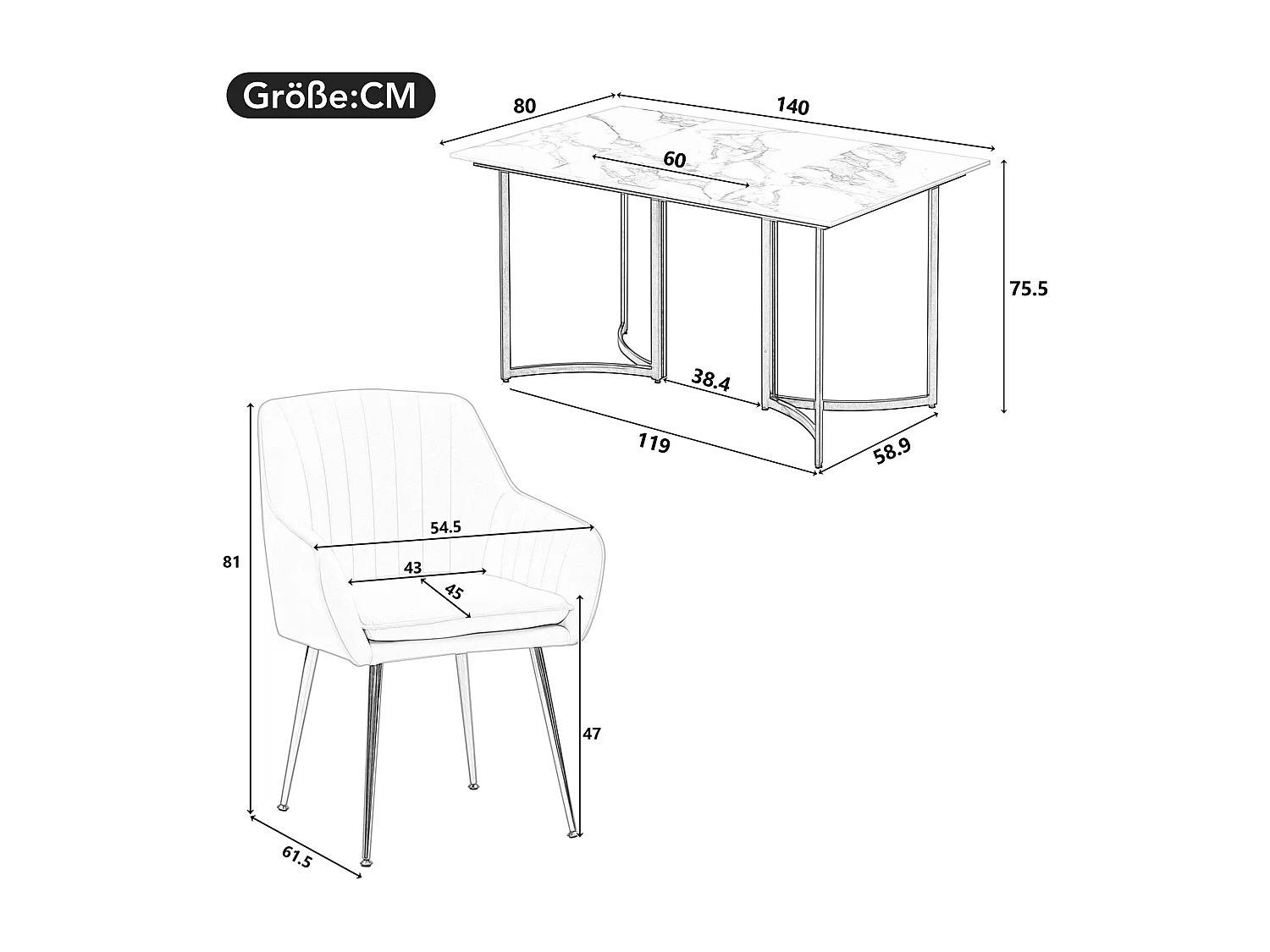 Conjunto de mesa de comedor con 4 sillas de felpa - 140 x 80 x 75,5 cm - Aspecto mármol - Patas de MDF y metal dorado - Gris + dorado