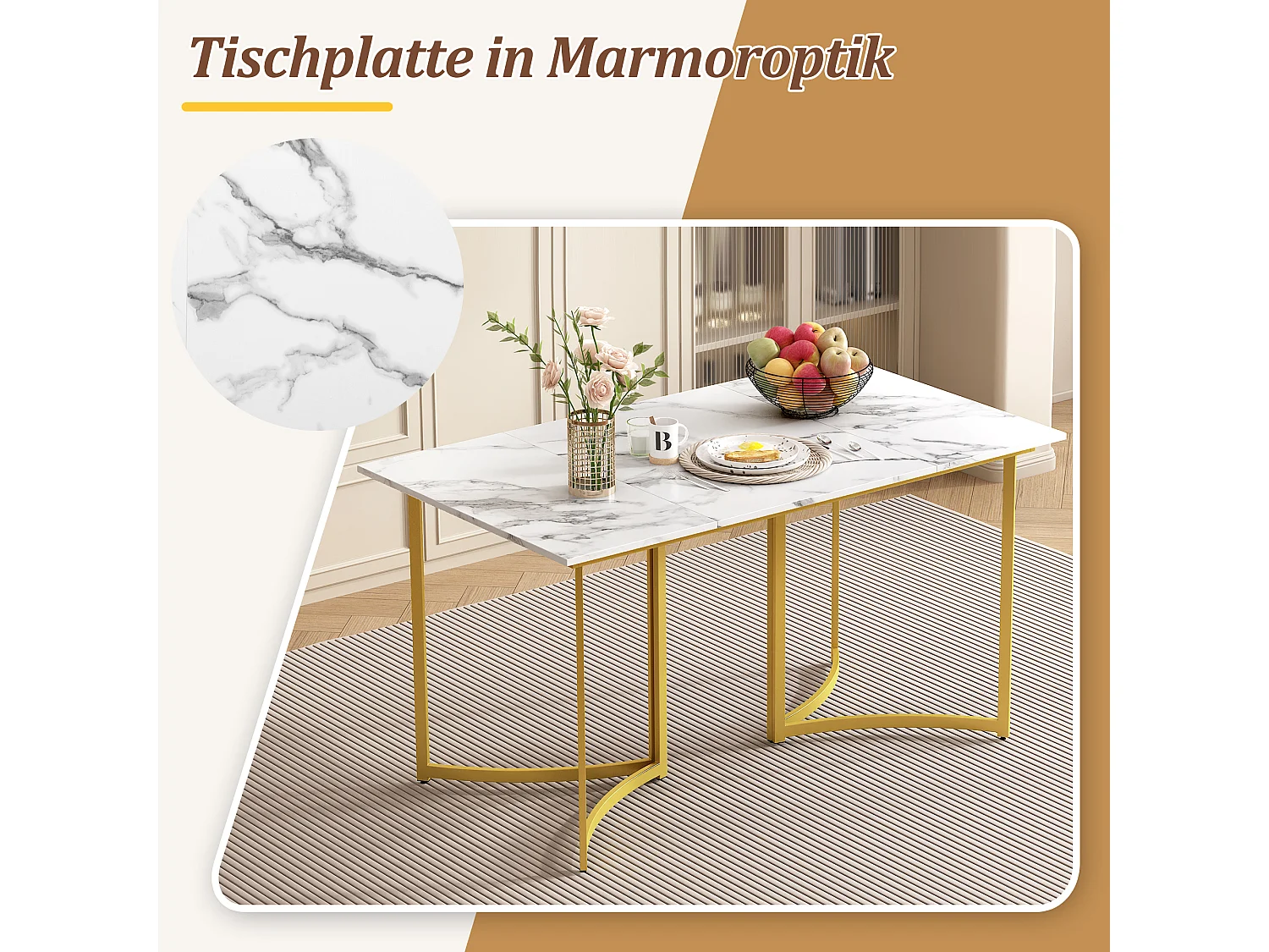 Conjunto de mesa de comedor con 4 sillas de felpa - 140 x 80 x 75,5 cm - Aspecto mármol - Patas de MDF y metal dorado - Gris + dorado