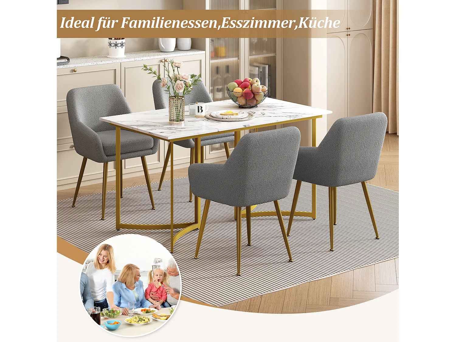 Conjunto de mesa de comedor con 4 sillas de felpa - 140 x 80 x 75,5 cm - Aspecto mármol - Patas de MDF y metal dorado - Gris + dorado