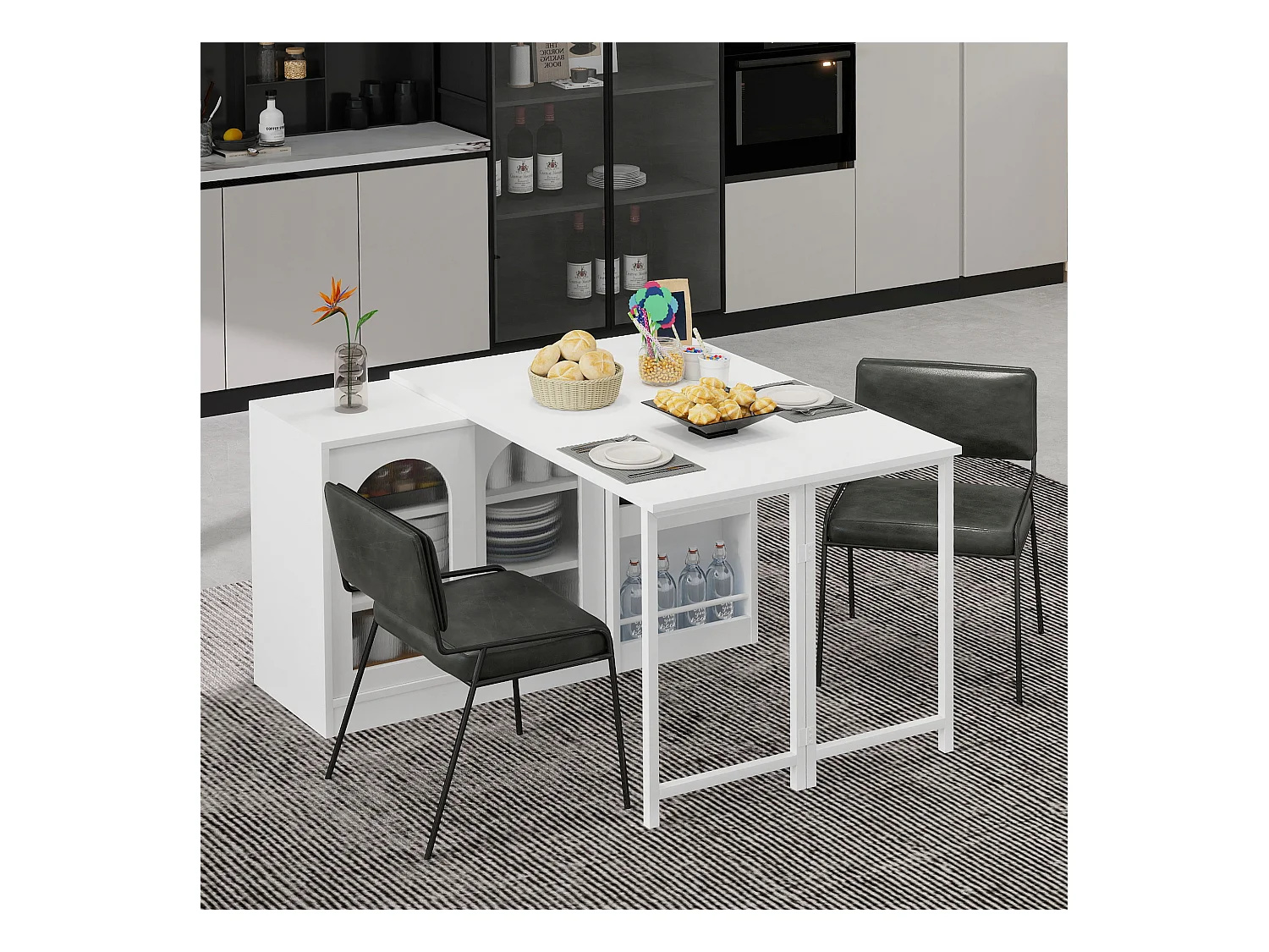 Meuble de bar extensible pivotant, table à manger - 2 portes coulissantes en verre et 2 étagères - Bois MDF - 115 x 40 x 74.5 cm - Blanc