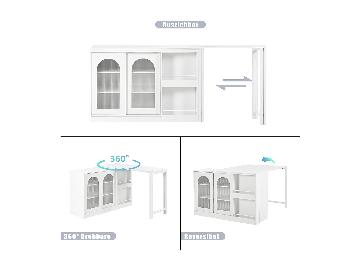 Armário de bar giratório extensível, mesa de jantar - 2 portas de correr de vidro e 2 prateleiras - Madeira MDF - 115 x 40 x 74,5 cm - Branco