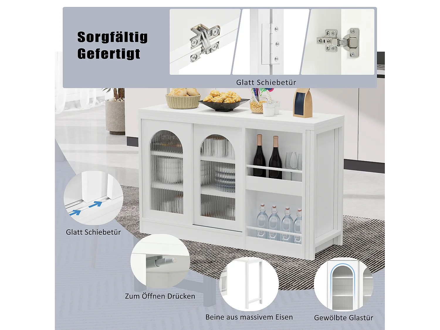 Armário de bar giratório extensível, mesa de jantar - 2 portas de correr de vidro e 2 prateleiras - Madeira MDF - 115 x 40 x 74,5 cm - Branco