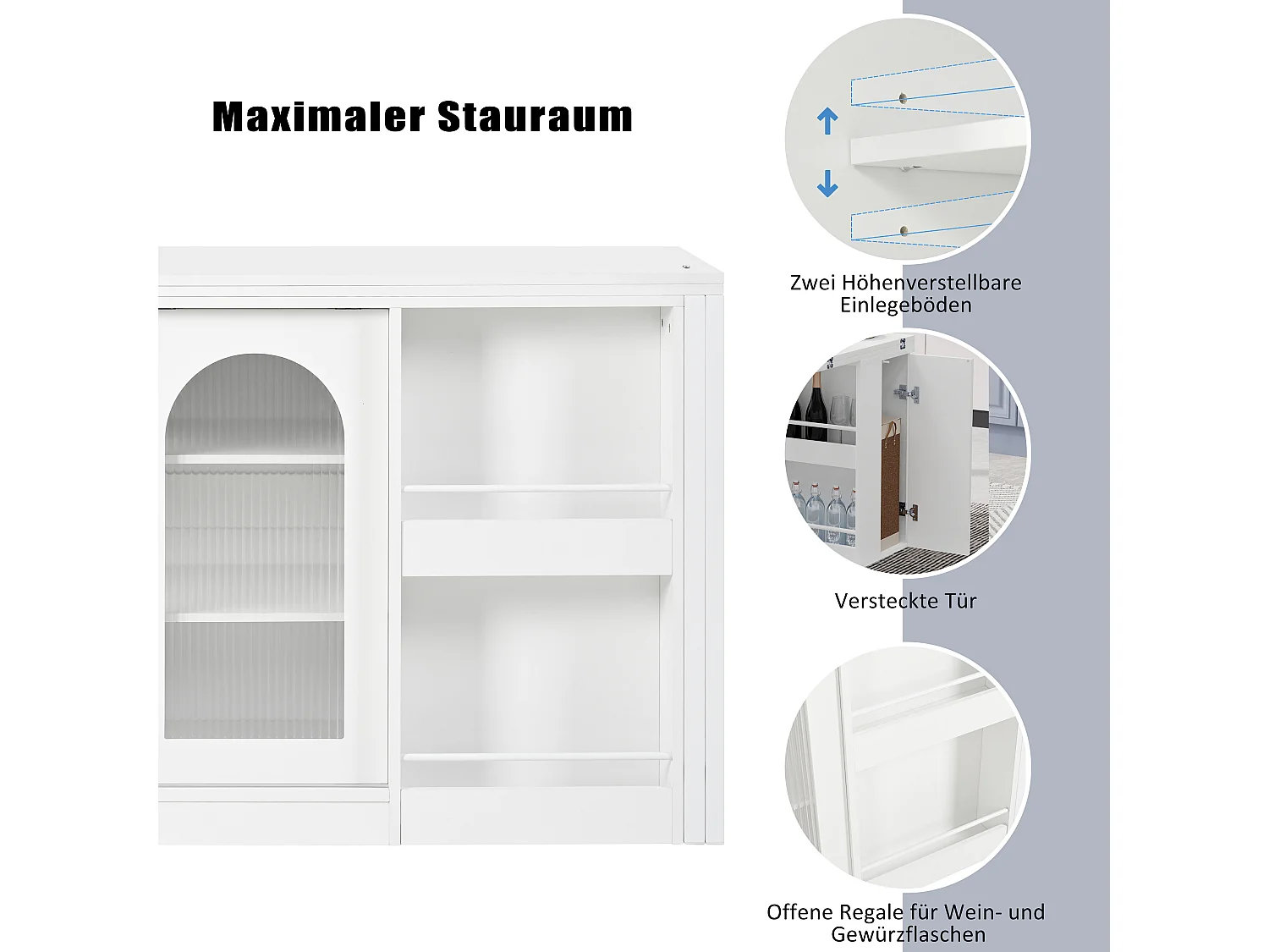 Armário de bar giratório extensível, mesa de jantar - 2 portas de correr de vidro e 2 prateleiras - Madeira MDF - 115 x 40 x 74,5 cm - Branco