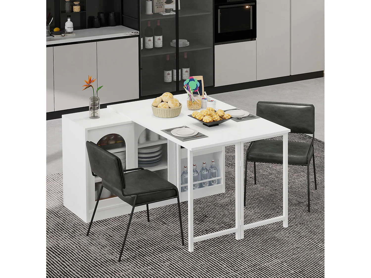 Meuble de bar extensible pivotant, table à manger - 2 portes coulissantes en verre et 2 étagères - Bois MDF - 115 x 40 x 74.5 cm - Blanc