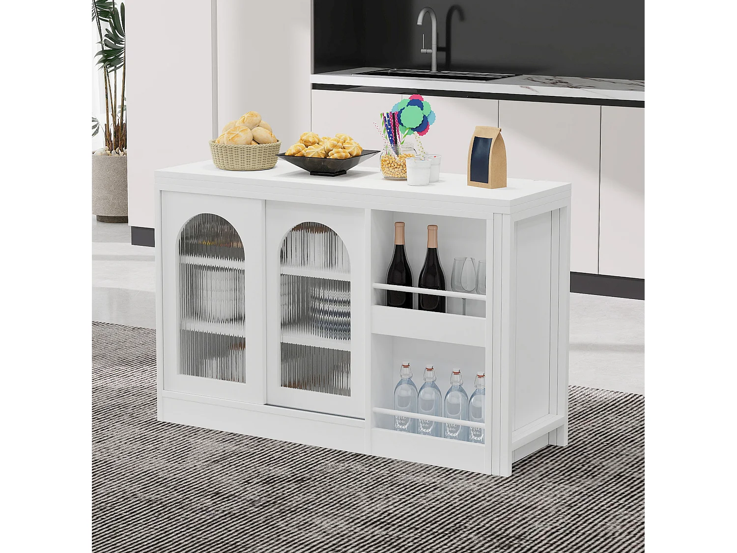 Meuble de bar extensible pivotant, table à manger - 2 portes coulissantes en verre et 2 étagères - Bois MDF - 115 x 40 x 74.5 cm - Blanc