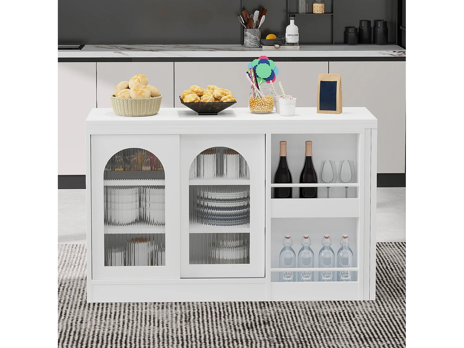 Meuble de bar extensible pivotant, table à manger - 2 portes coulissantes en verre et 2 étagères - Bois MDF - 115 x 40 x 74.5 cm - Blanc