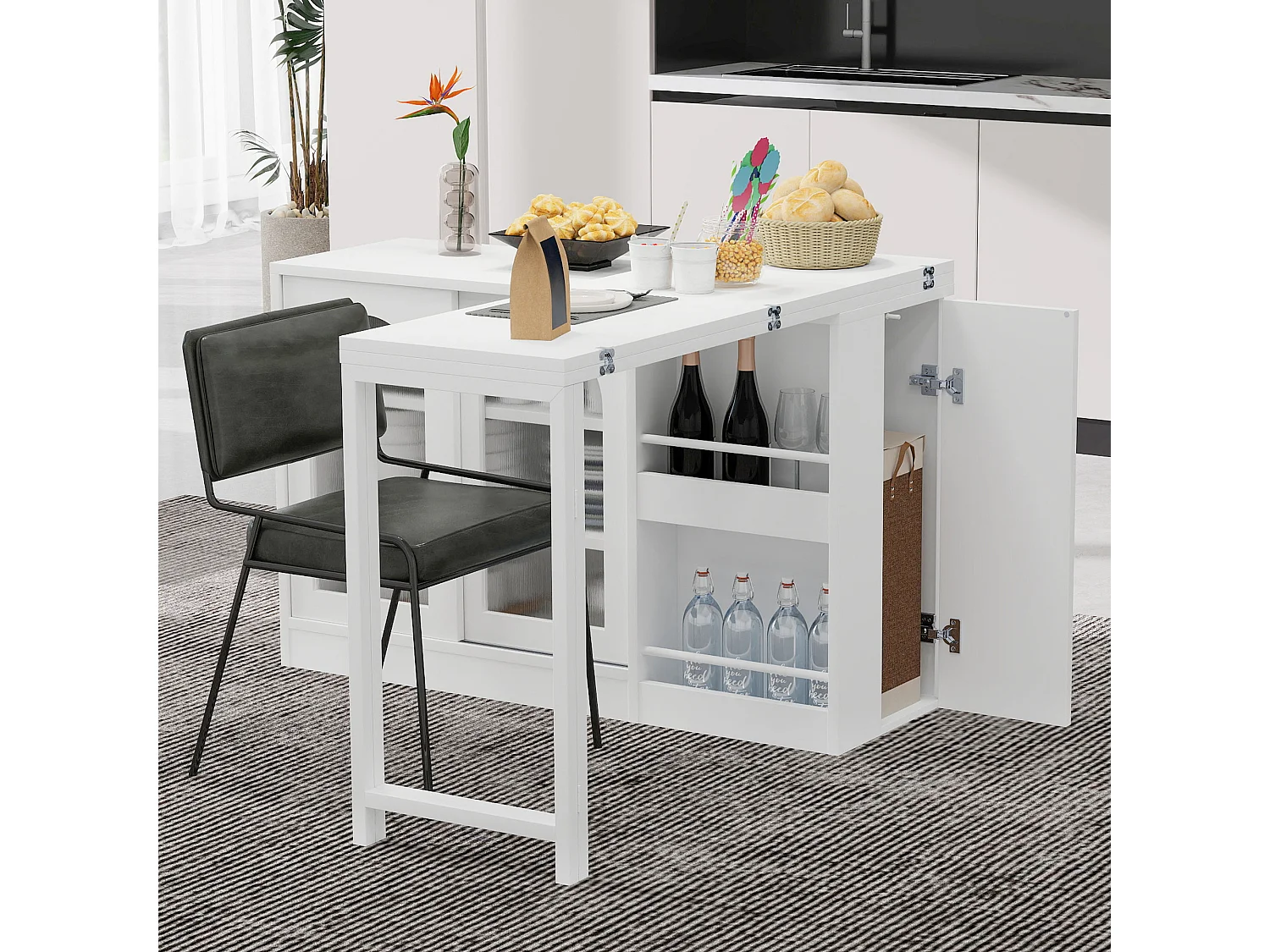 Meuble de bar extensible pivotant, table à manger - 2 portes coulissantes en verre et 2 étagères - Bois MDF - 115 x 40 x 74.5 cm - Blanc