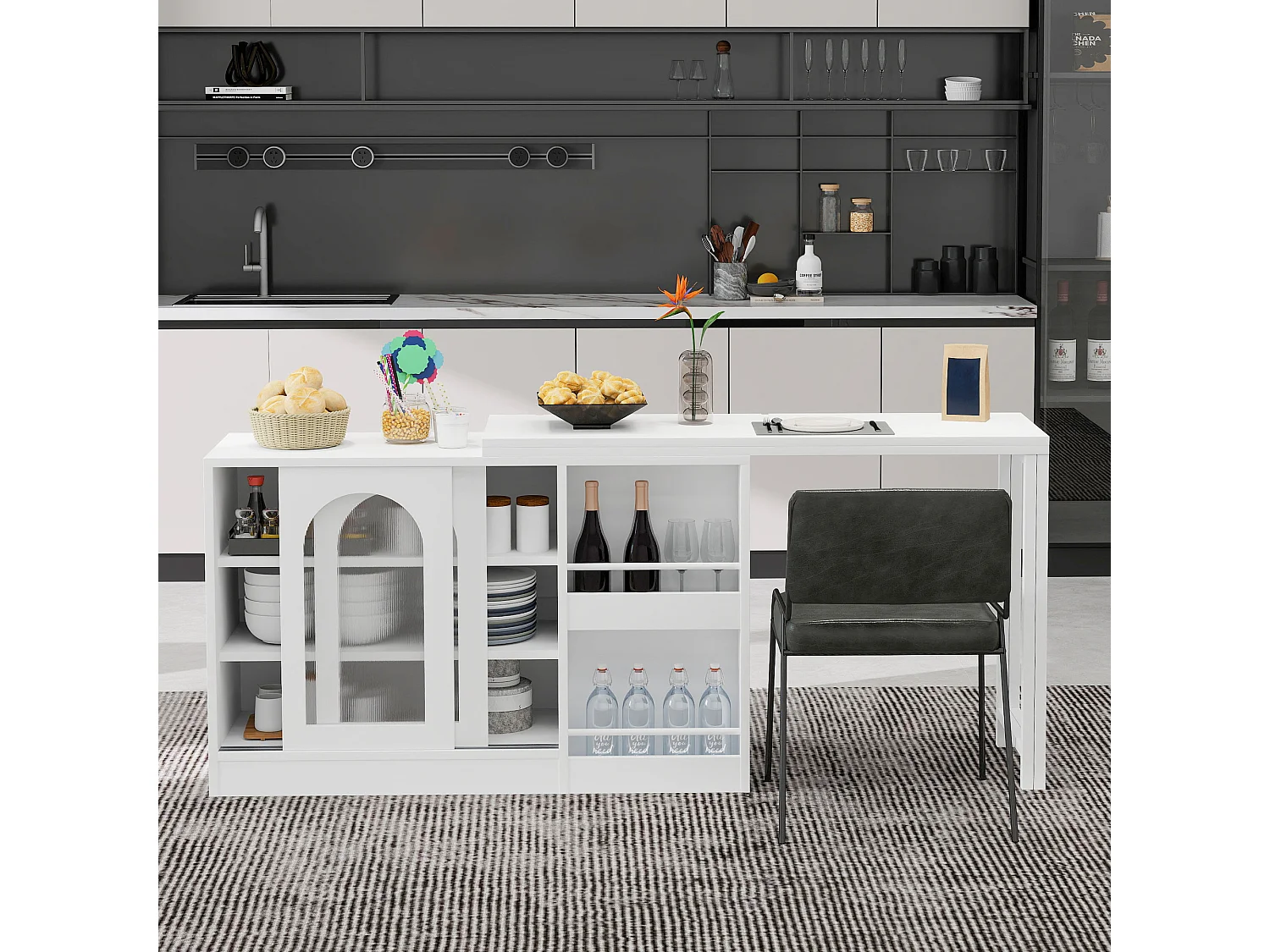 Meuble de bar extensible pivotant, table à manger - 2 portes coulissantes en verre et 2 étagères - Bois MDF - 115 x 40 x 74.5 cm - Blanc