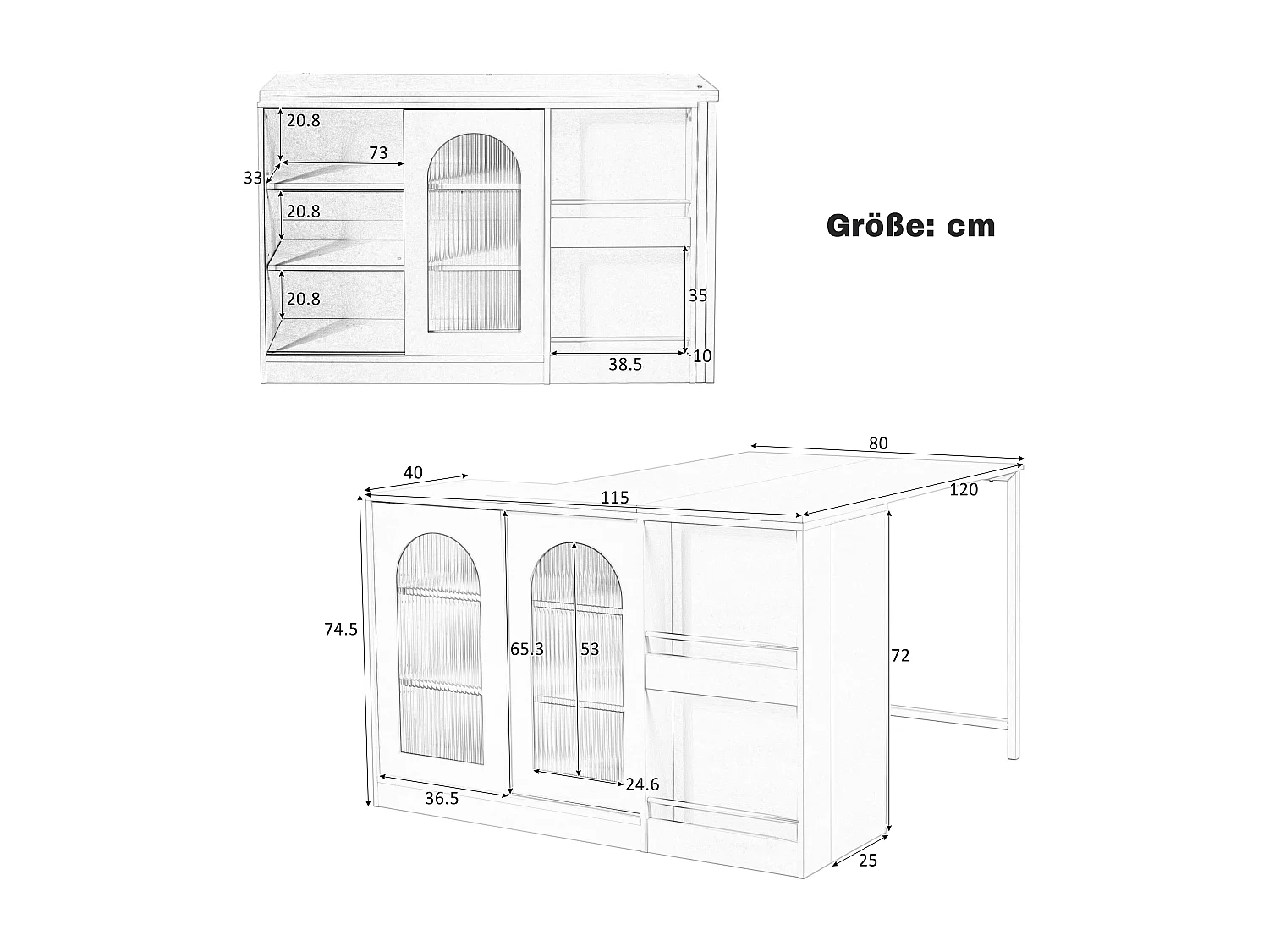 Armário de bar giratório extensível, mesa de jantar - 2 portas de correr de vidro e 2 prateleiras - Madeira MDF - 115 x 40 x 74,5 cm - Branco