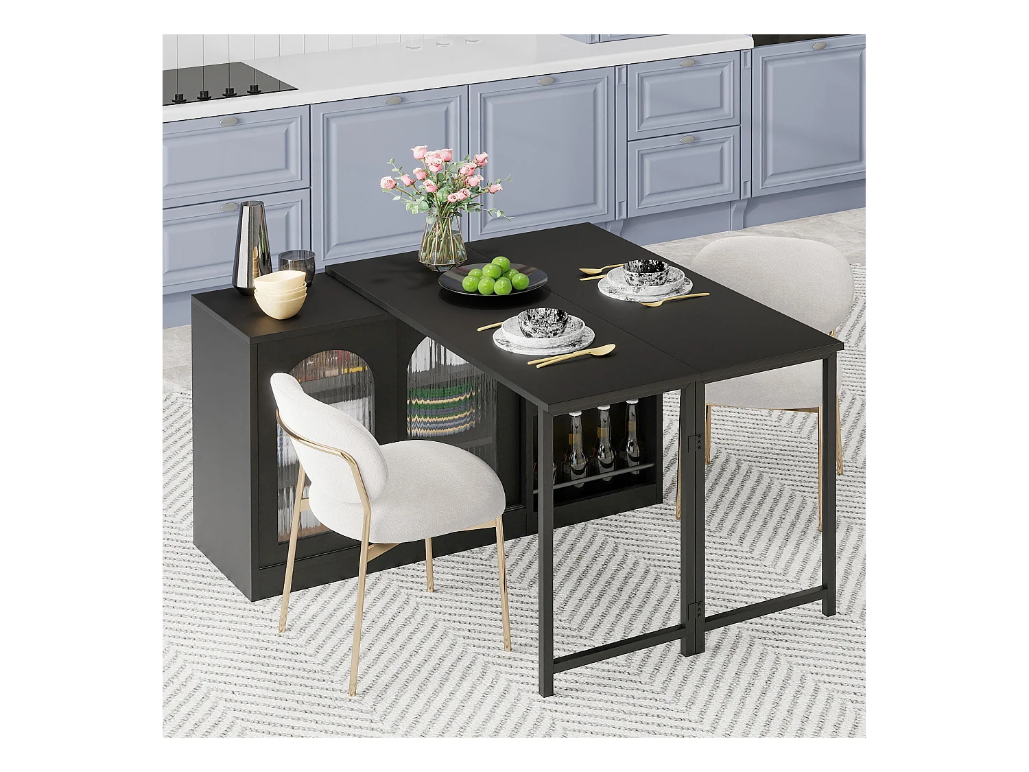 Meuble de bar extensible pivotant, table à manger - 2 portes coulissantes en verre et 2 étagères - Bois MDF - 115 x 40 x 74.5 cm - Noir
