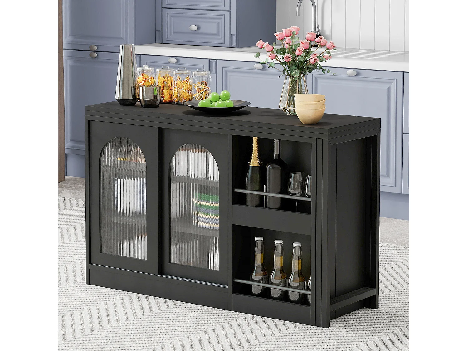 Mueble bar giratorio extensible, mesa de comedor - 2 puertas correderas de cristal y 2 estantes - Madera MDF - 115 x 40 x 74,5 cm - Negro