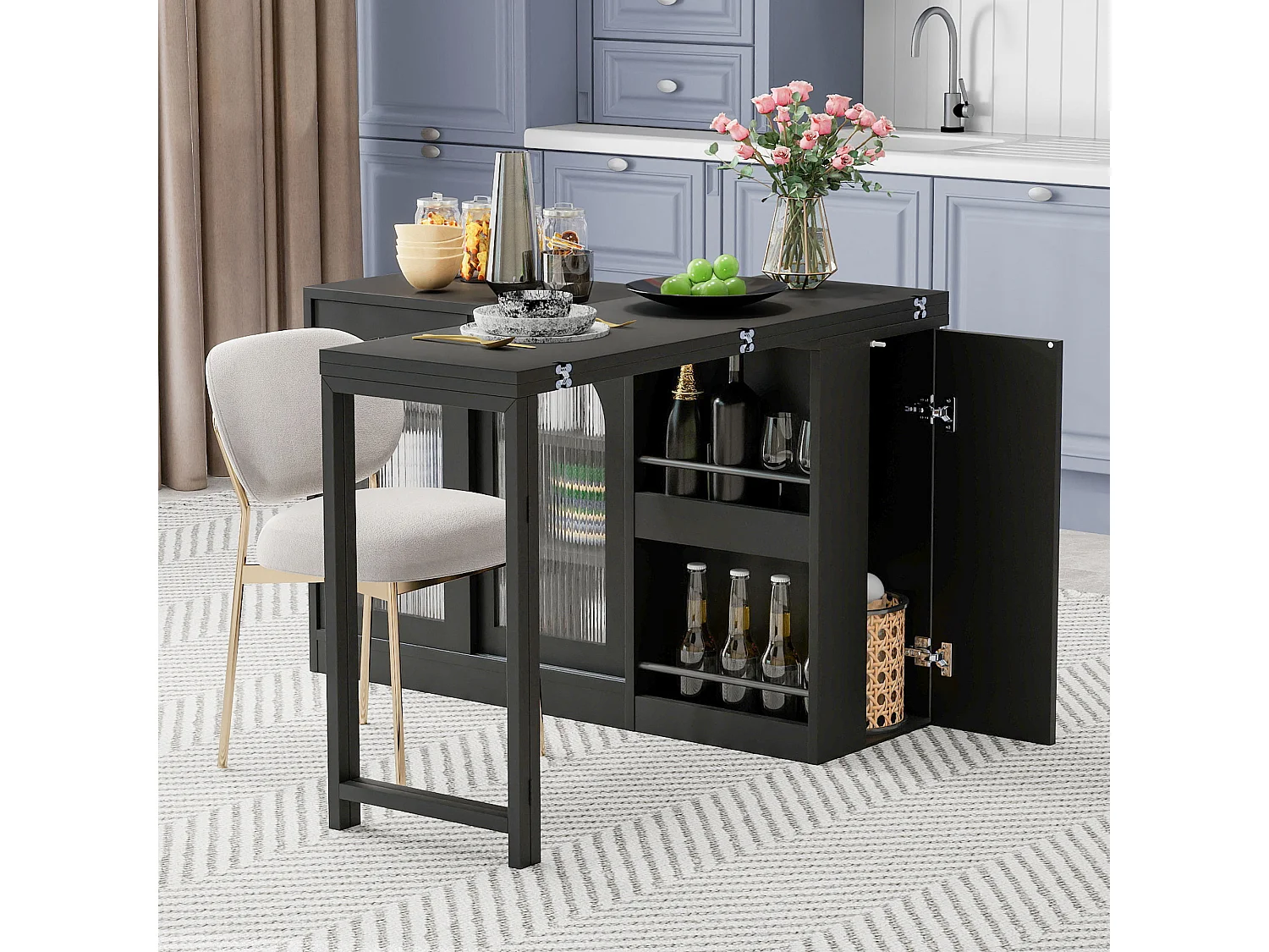 Mueble bar giratorio extensible, mesa de comedor - 2 puertas correderas de cristal y 2 estantes - Madera MDF - 115 x 40 x 74,5 cm - Negro