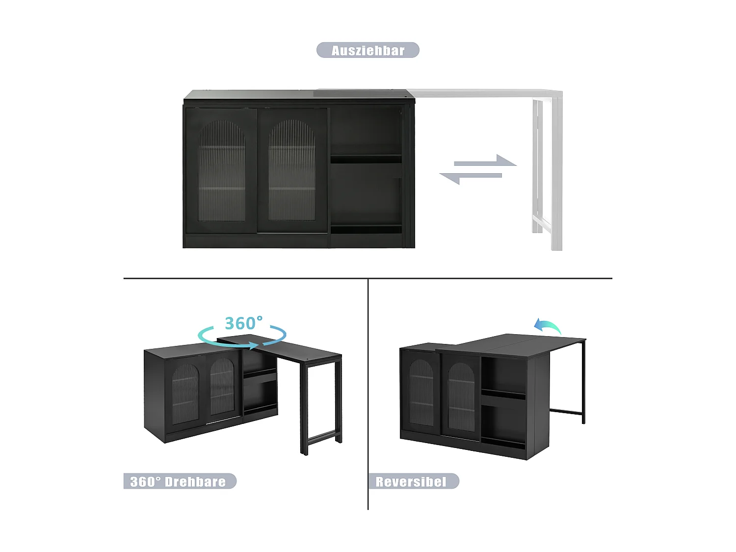 Mueble bar giratorio extensible, mesa de comedor - 2 puertas correderas de cristal y 2 estantes - Madera MDF - 115 x 40 x 74,5 cm - Negro