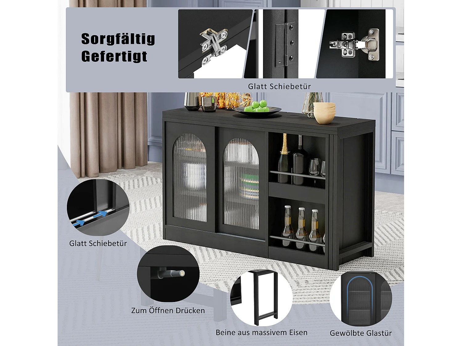 Mueble bar giratorio extensible, mesa de comedor - 2 puertas correderas de cristal y 2 estantes - Madera MDF - 115 x 40 x 74,5 cm - Negro