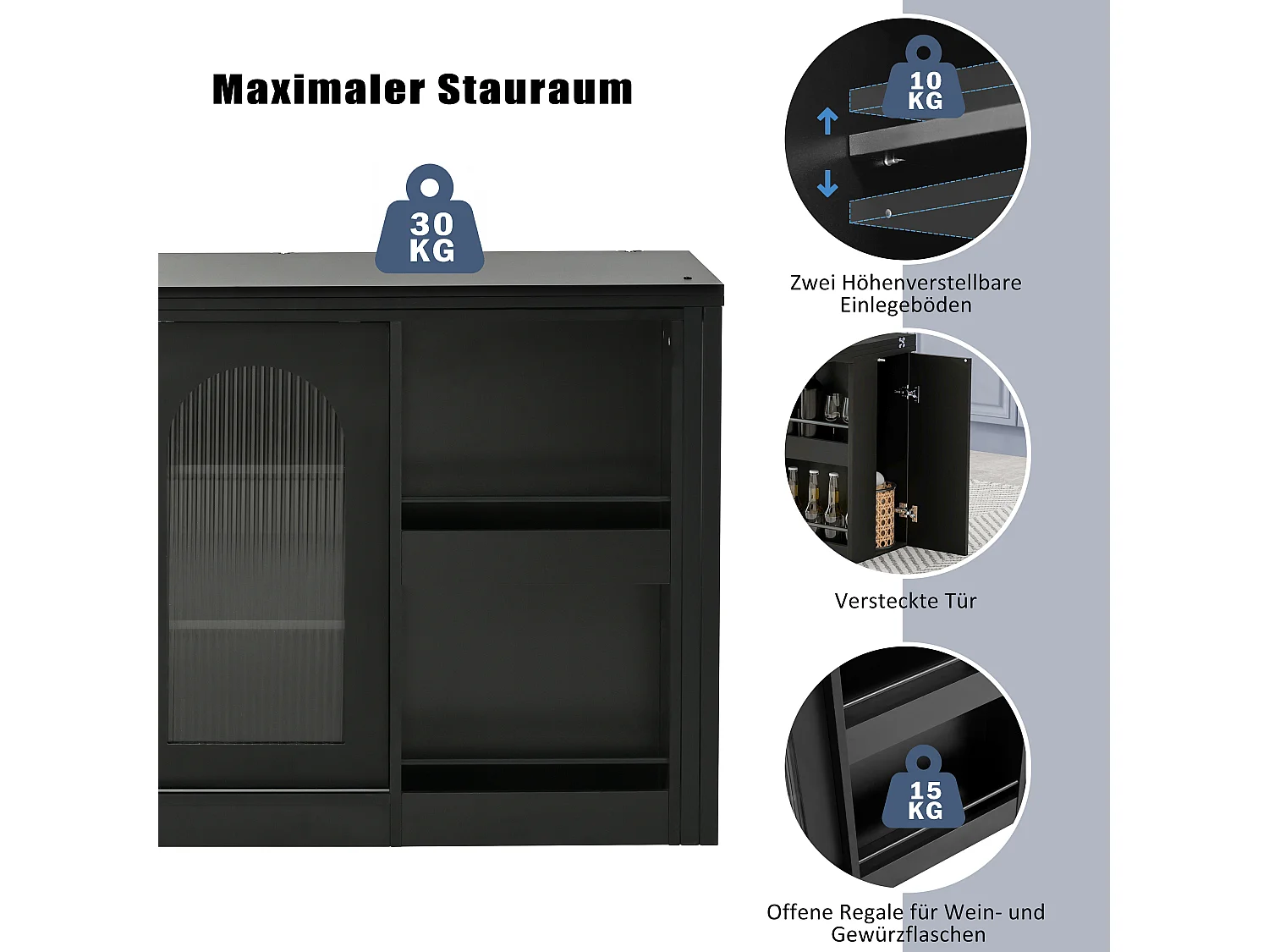 Mueble bar giratorio extensible, mesa de comedor - 2 puertas correderas de cristal y 2 estantes - Madera MDF - 115 x 40 x 74,5 cm - Negro