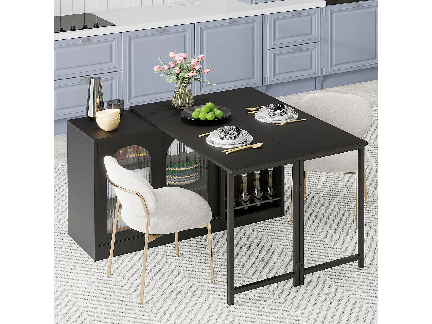 Mueble bar giratorio extensible, mesa de comedor - 2 puertas correderas de cristal y 2 estantes - Madera MDF - 115 x 40 x 74,5 cm - Negro
