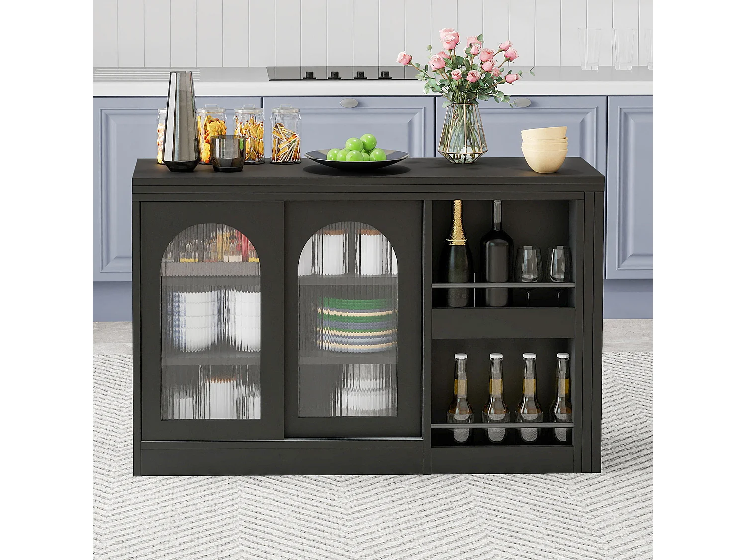 Mueble bar giratorio extensible, mesa de comedor - 2 puertas correderas de cristal y 2 estantes - Madera MDF - 115 x 40 x 74,5 cm - Negro