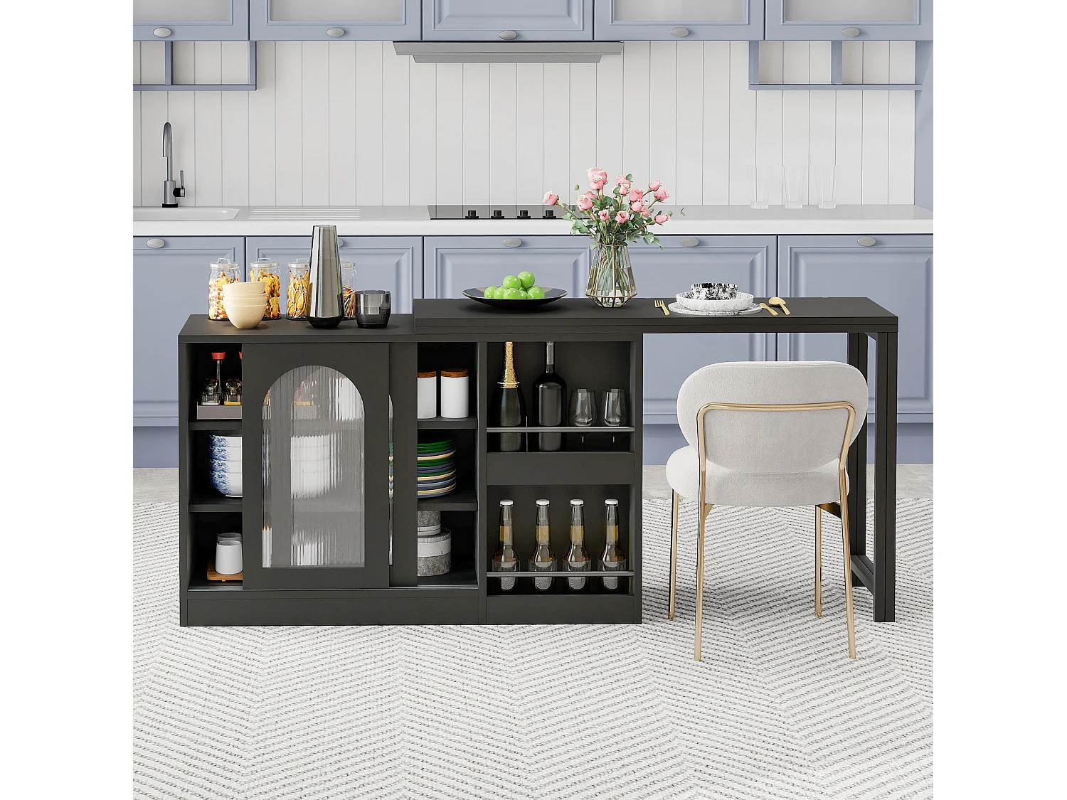 Mueble bar giratorio extensible, mesa de comedor - 2 puertas correderas de cristal y 2 estantes - Madera MDF - 115 x 40 x 74,5 cm - Negro