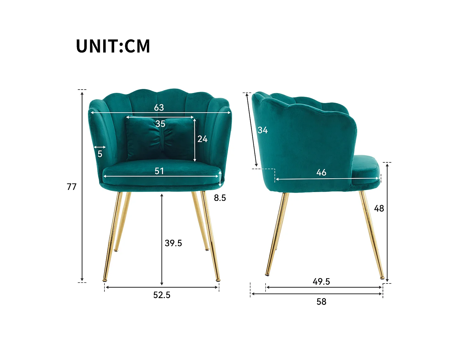 2er-Set Samtstühle - 63 x 58 x 77 cm - Beine aus plattiertem Metall und Schmetterlingskissen - Grün