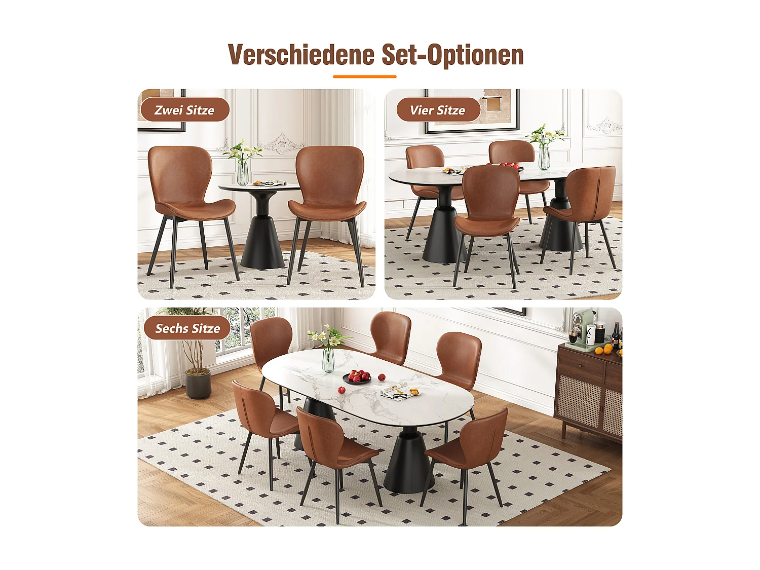 Zestaw 6 krzeseł jadalnych ze skóry PU - 48 x 57 x 80 cm - wzór pikowany i ocynkowane nogi - brązowy