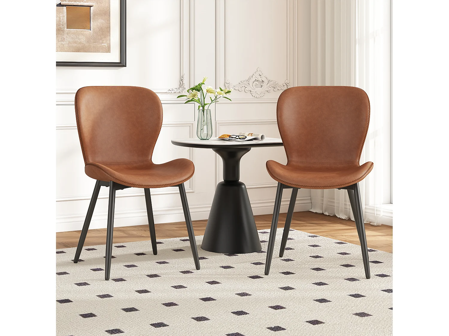 Conjunto de 2 cadeiras de jantar de couro PU - 48 x 57 x 80 cm - Padrão acolchoado e pernas galvanizadas - Marrom