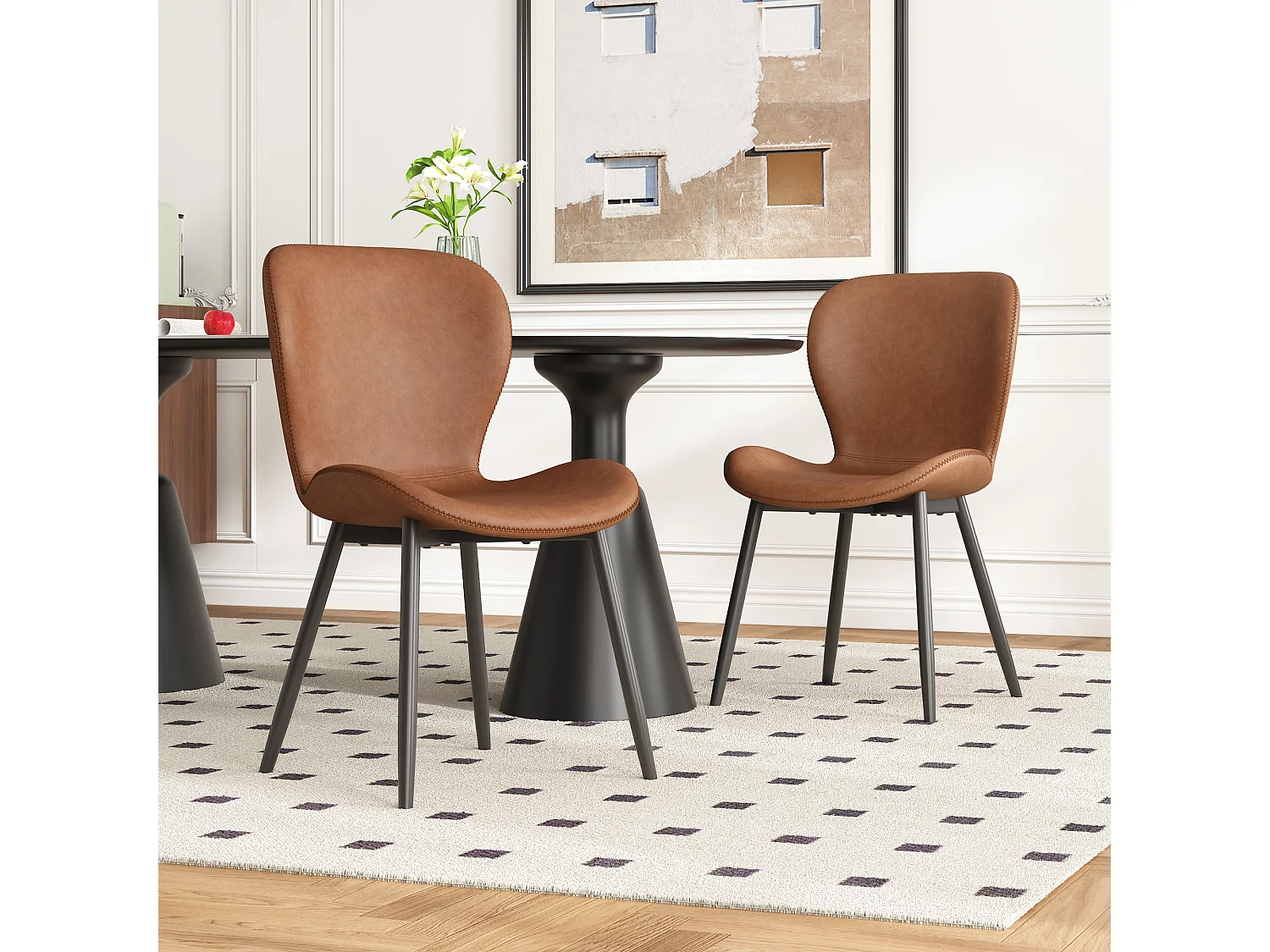 Conjunto de 2 cadeiras de jantar de couro PU - 48 x 57 x 80 cm - Padrão acolchoado e pernas galvanizadas - Marrom