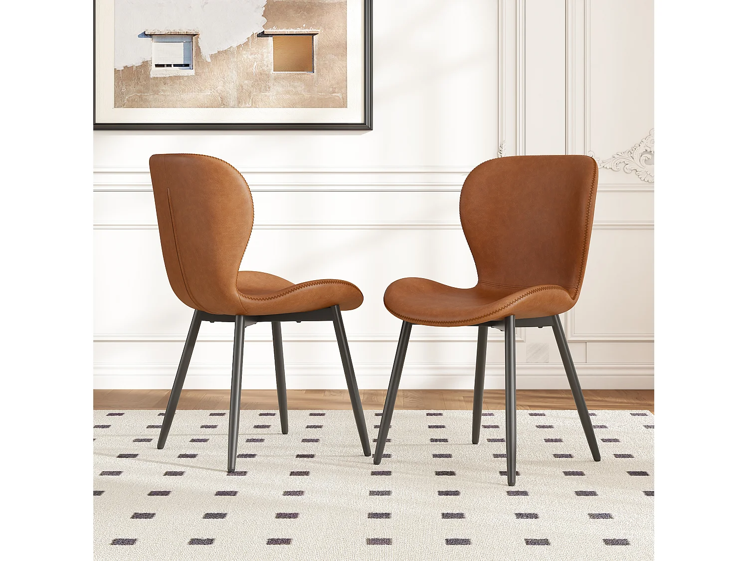 Conjunto de 2 cadeiras de jantar de couro PU - 48 x 57 x 80 cm - Padrão acolchoado e pernas galvanizadas - Marrom